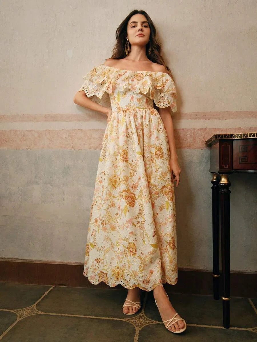 Womens Elegant Off Shoulder Ruffled HollowOut Floral Embroidered Dress Beach Resort Festival Going