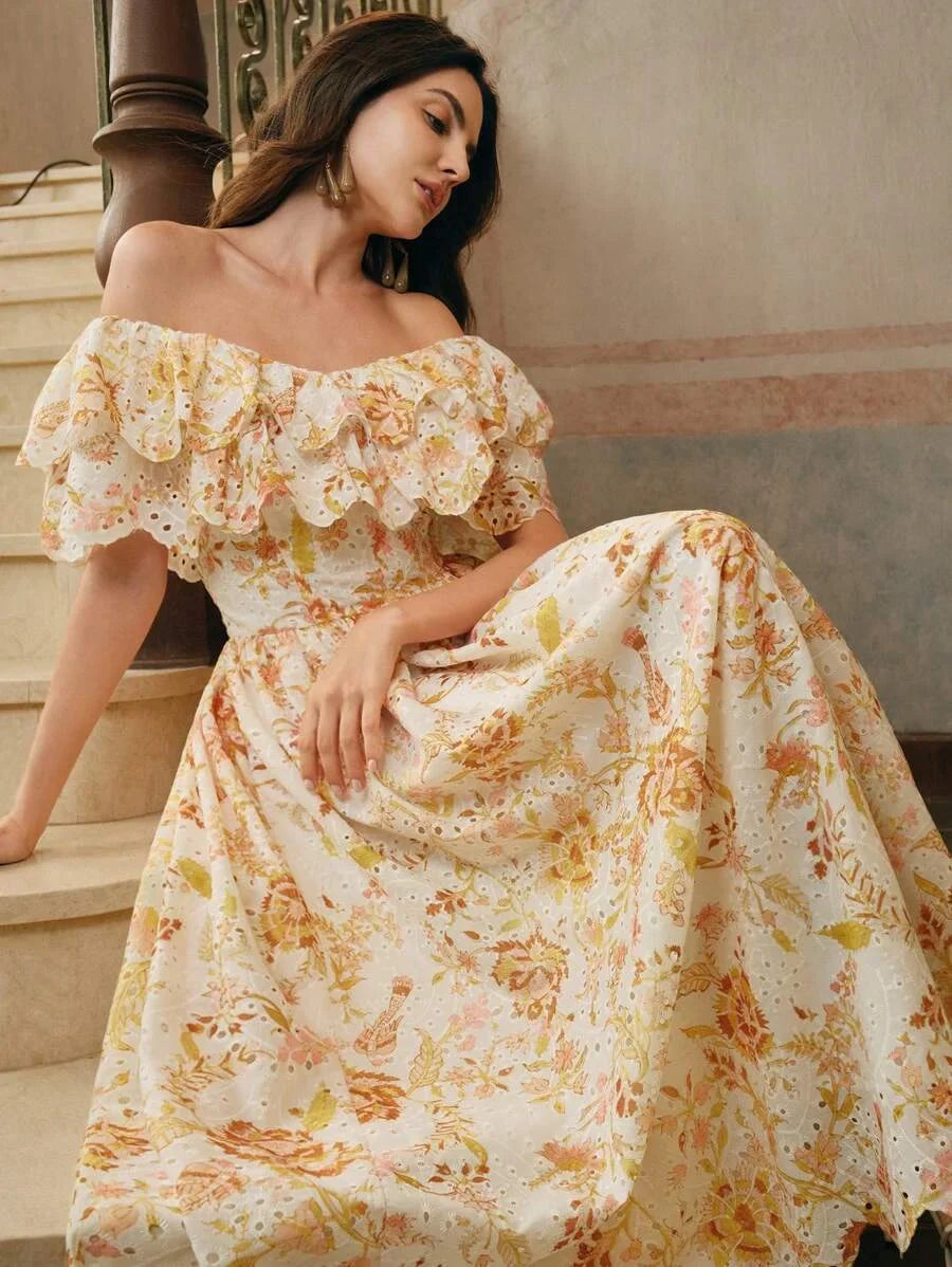 Womens Elegant Off Shoulder Ruffled HollowOut Floral Embroidered Dress Beach Resort Festival Going