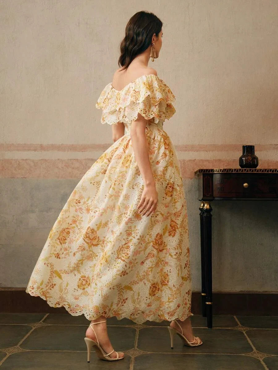 Womens Elegant Off Shoulder Ruffled HollowOut Floral Embroidered Dress Beach Resort Festival Going
