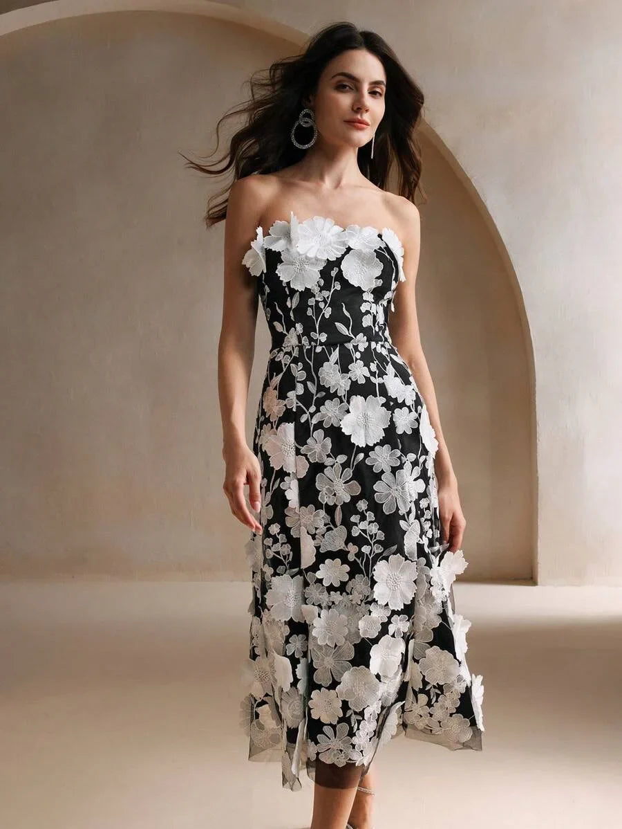 Womens Elegant Party amp Holiday Embroidered Floral Mesh Overlay Strapless Dress