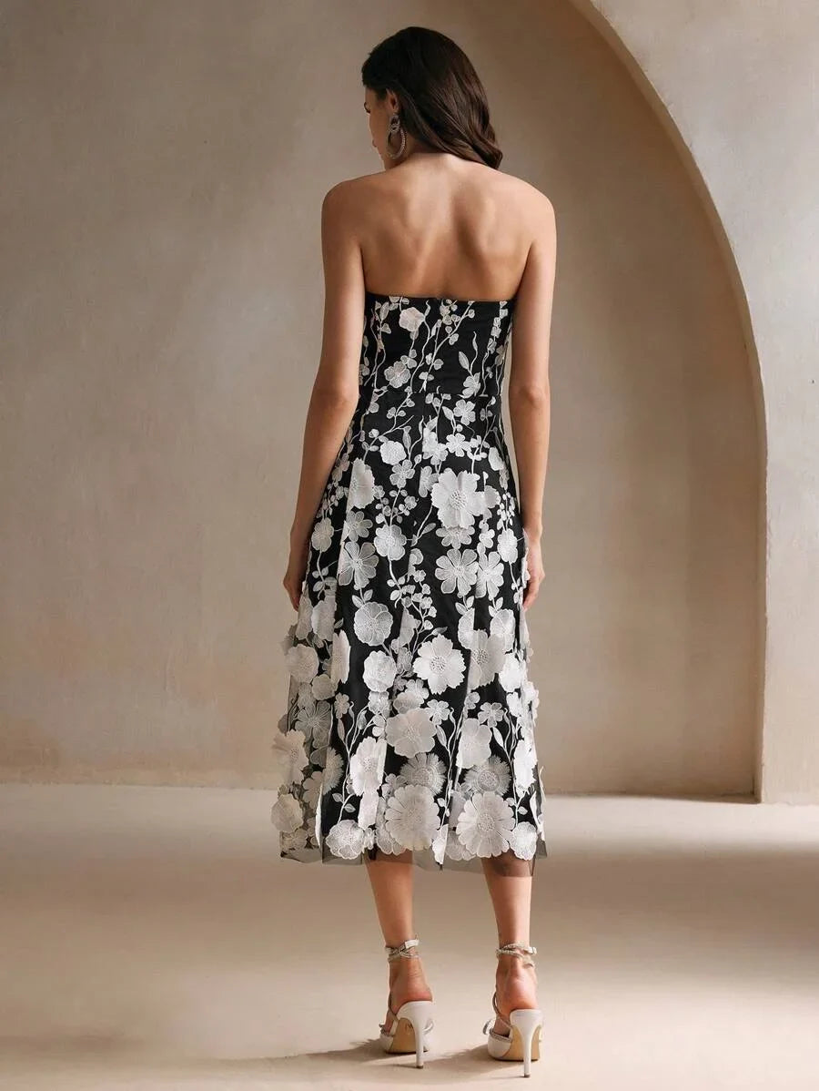 Womens Elegant Party amp Holiday Embroidered Floral Mesh Overlay Strapless Dress