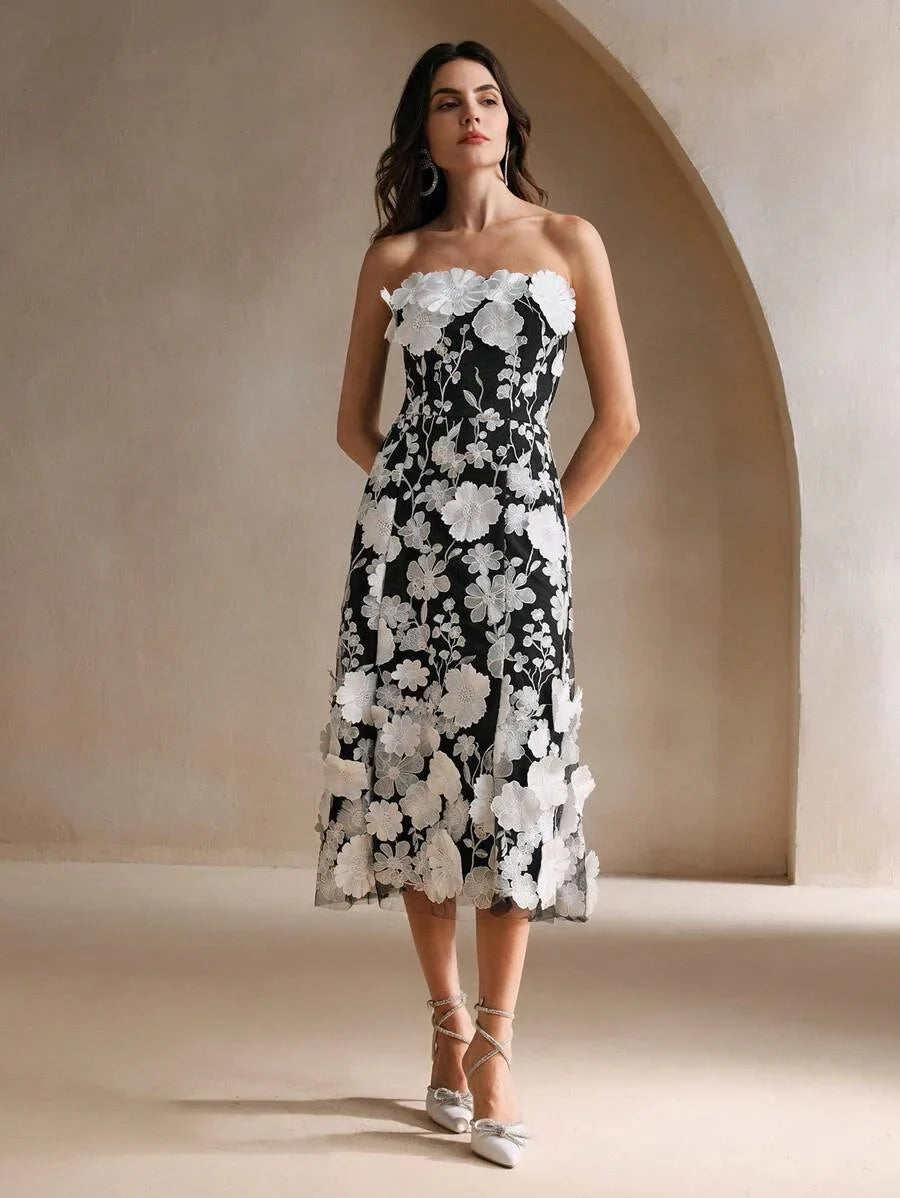 Womens Elegant Party amp Holiday Embroidered Floral Mesh Overlay Strapless Dress