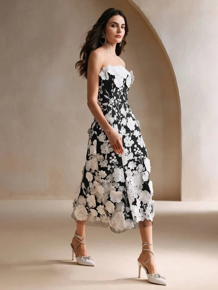 Womens Elegant Party amp Holiday Embroidered Floral Mesh Overlay Strapless Dress