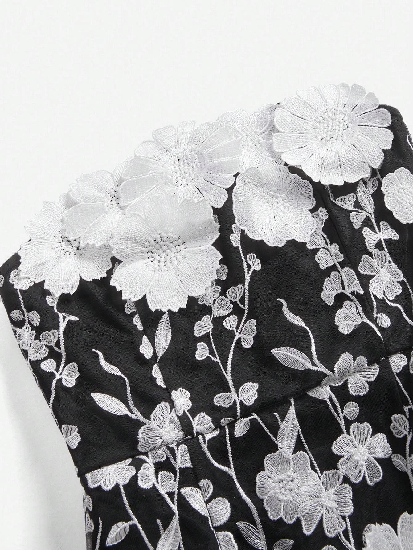 Womens Elegant Party amp Holiday Embroidered Floral Mesh Overlay Strapless Dress