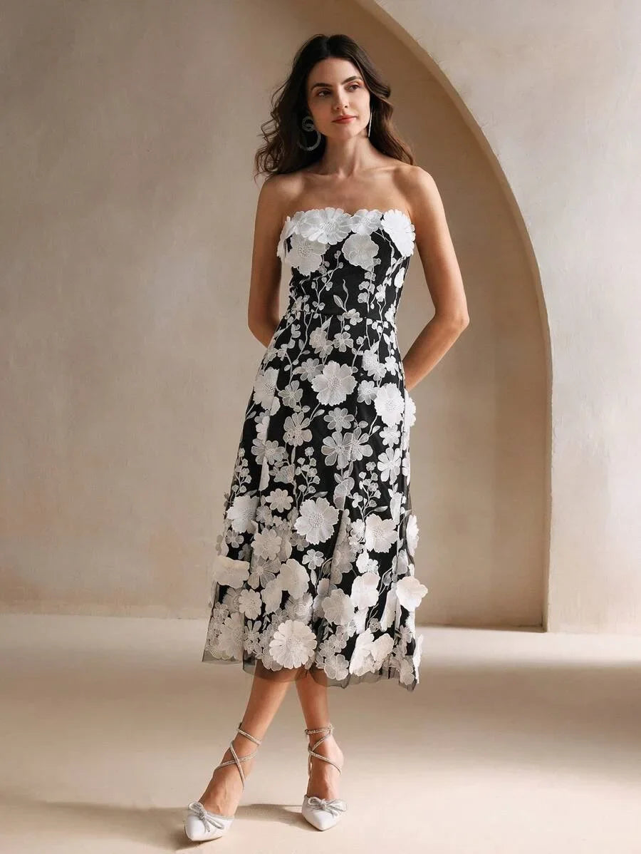 Womens Elegant Party amp Holiday Embroidered Floral Mesh Overlay Strapless Dress