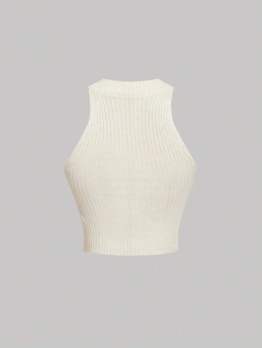 Womens Elegant Pearl Fringe Sleeveless Knitted Top