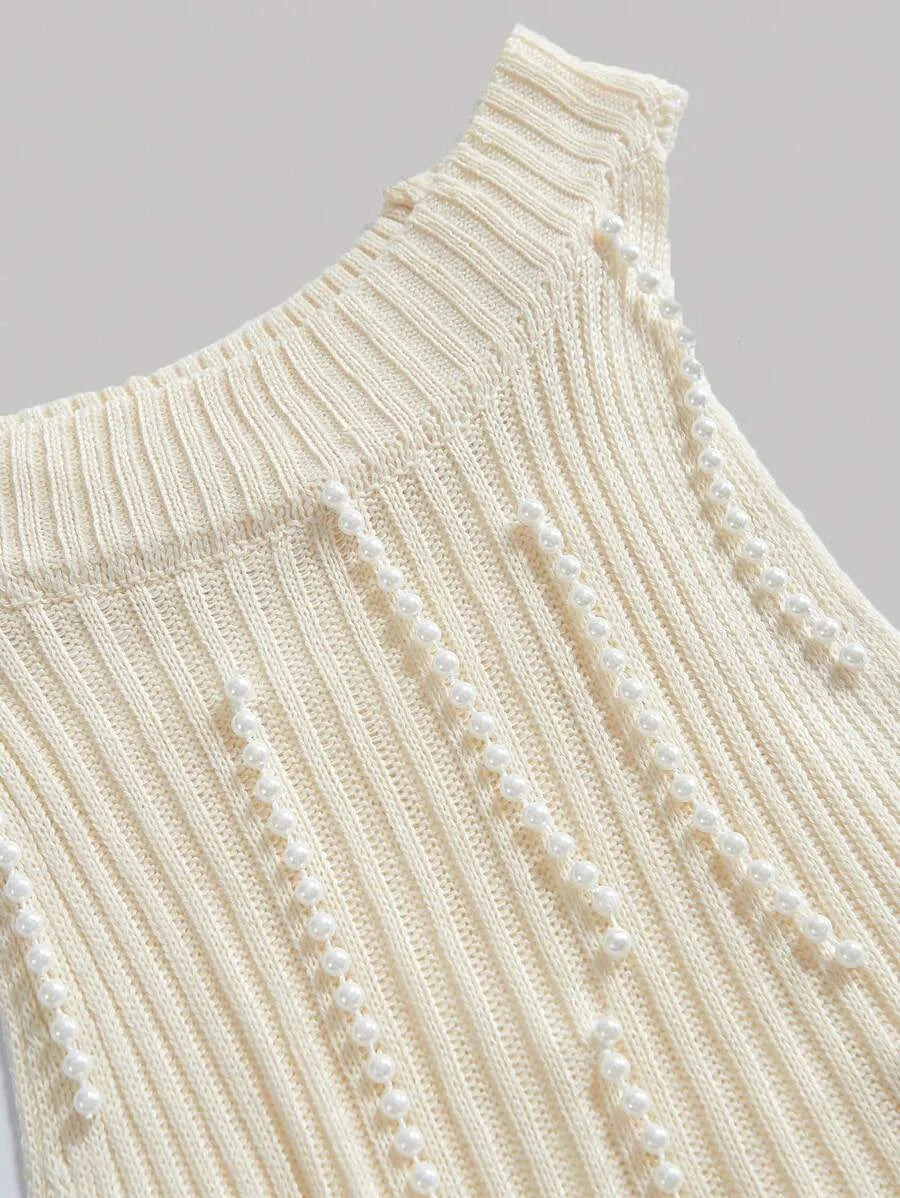 Womens Elegant Pearl Fringe Sleeveless Knitted Top