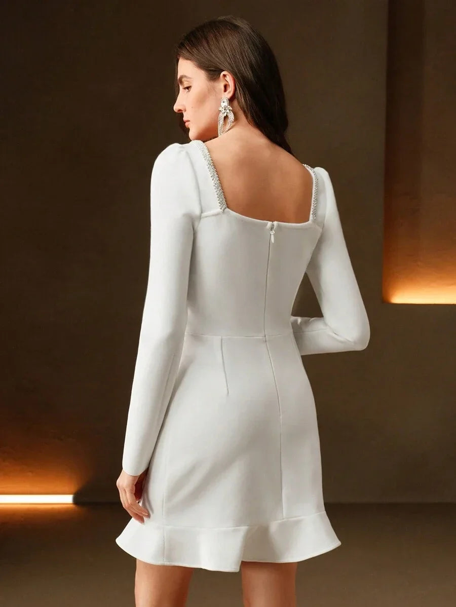 Womens Elegant Rhinestone Square Neck Heart Accent Mini Dress Chic For SpringSummer Valentines Day