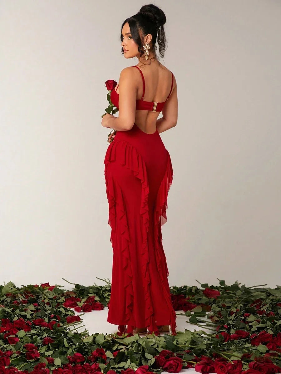 Womens Elegant Romantic Date Camisole Red Floral Ruffle Backless Slim Fit Suitable For Cocktail