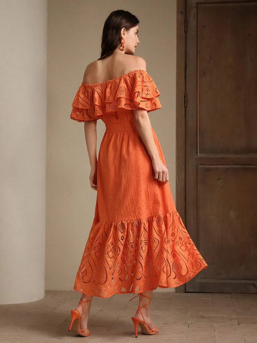 Womens Elegant Romantic HollowOut Embroidered Lace OffShoulder Dress SpringSummer Outfits For