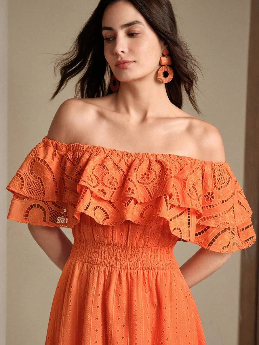 Womens Elegant Romantic HollowOut Embroidered Lace OffShoulder Dress SpringSummer Outfits For