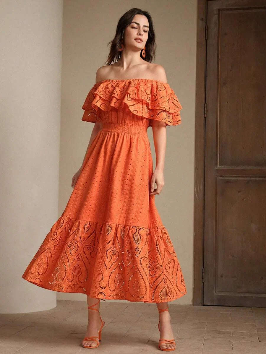 Womens Elegant Romantic HollowOut Embroidered Lace OffShoulder Dress SpringSummer Outfits For