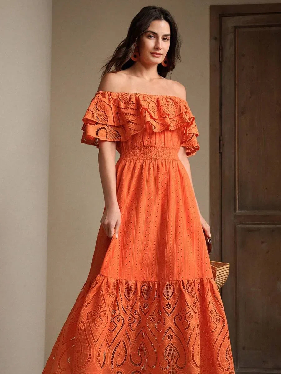 Womens Elegant Romantic HollowOut Embroidered Lace OffShoulder Dress SpringSummer Outfits For