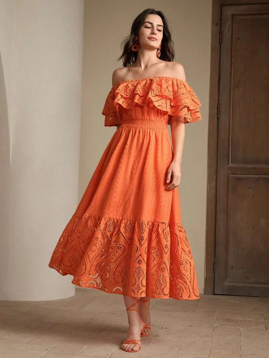Womens Elegant Romantic HollowOut Embroidered Lace OffShoulder Dress SpringSummer Outfits For