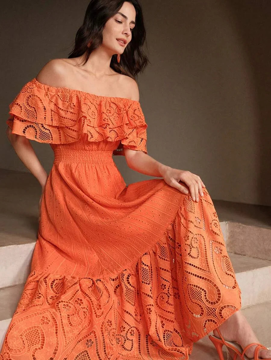 Womens Elegant Romantic HollowOut Embroidered Lace OffShoulder Dress SpringSummer Outfits For
