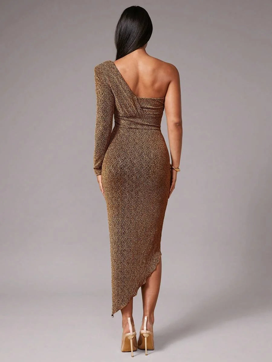 Womens Elegant Shiny Long Sleeve Solid Color ALine Midi Dress Suitable For Cocktail Party Date