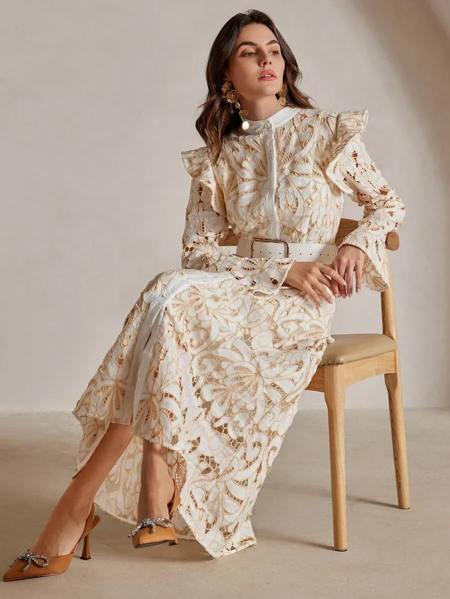 Womens Elegant Vintage Charm Long Sleeve VNeck Cinched Waist Lace Maxi Dress Random Floral