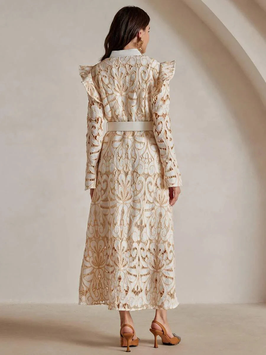 Womens Elegant Vintage Charm Long Sleeve VNeck Cinched Waist Lace Maxi Dress Random Floral