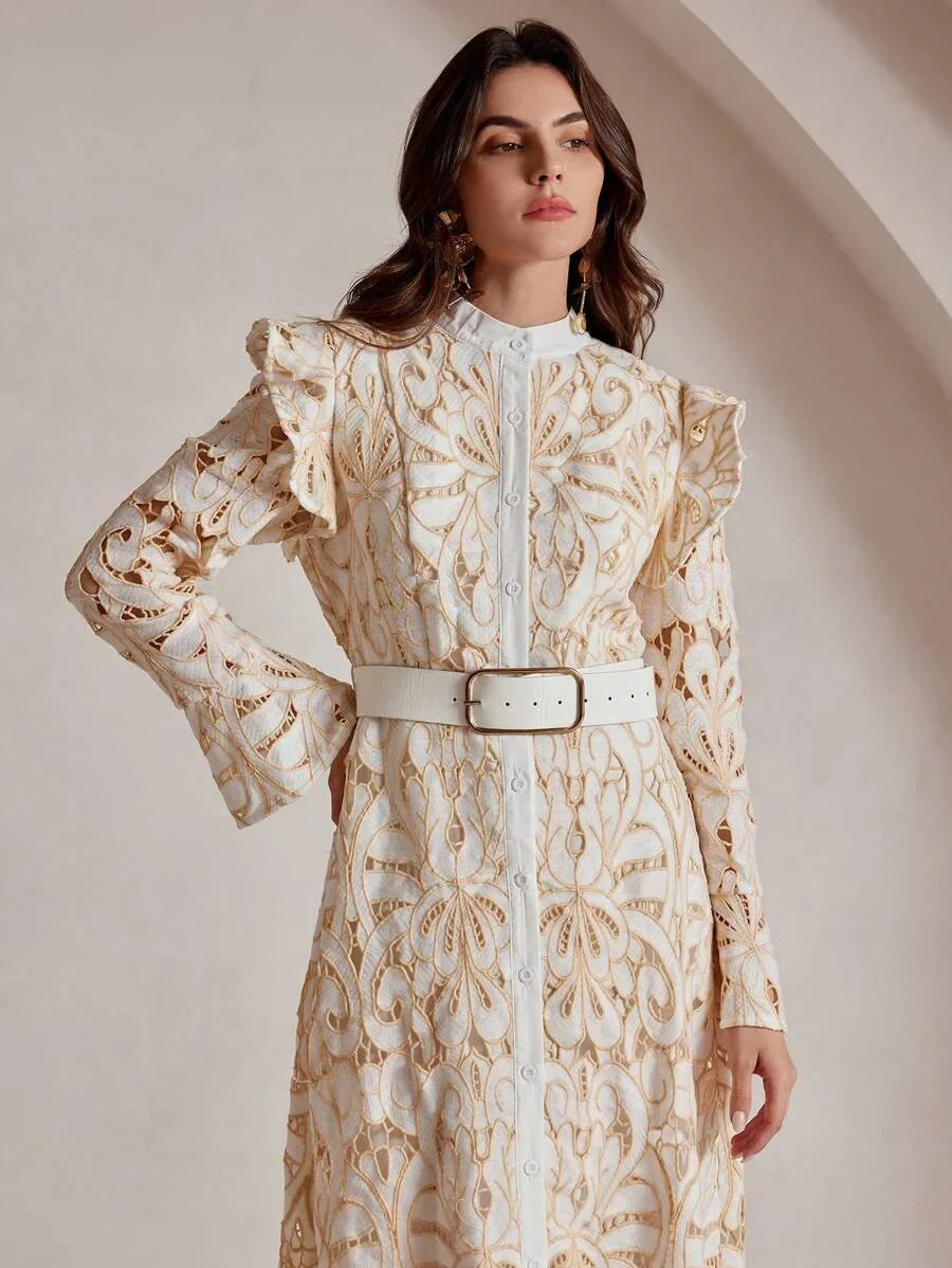 Womens Elegant Vintage Charm Long Sleeve VNeck Cinched Waist Lace Maxi Dress Random Floral