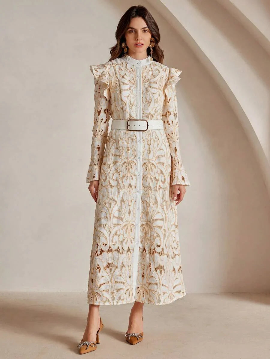Womens Elegant Vintage Charm Long Sleeve VNeck Cinched Waist Lace Maxi Dress Random Floral