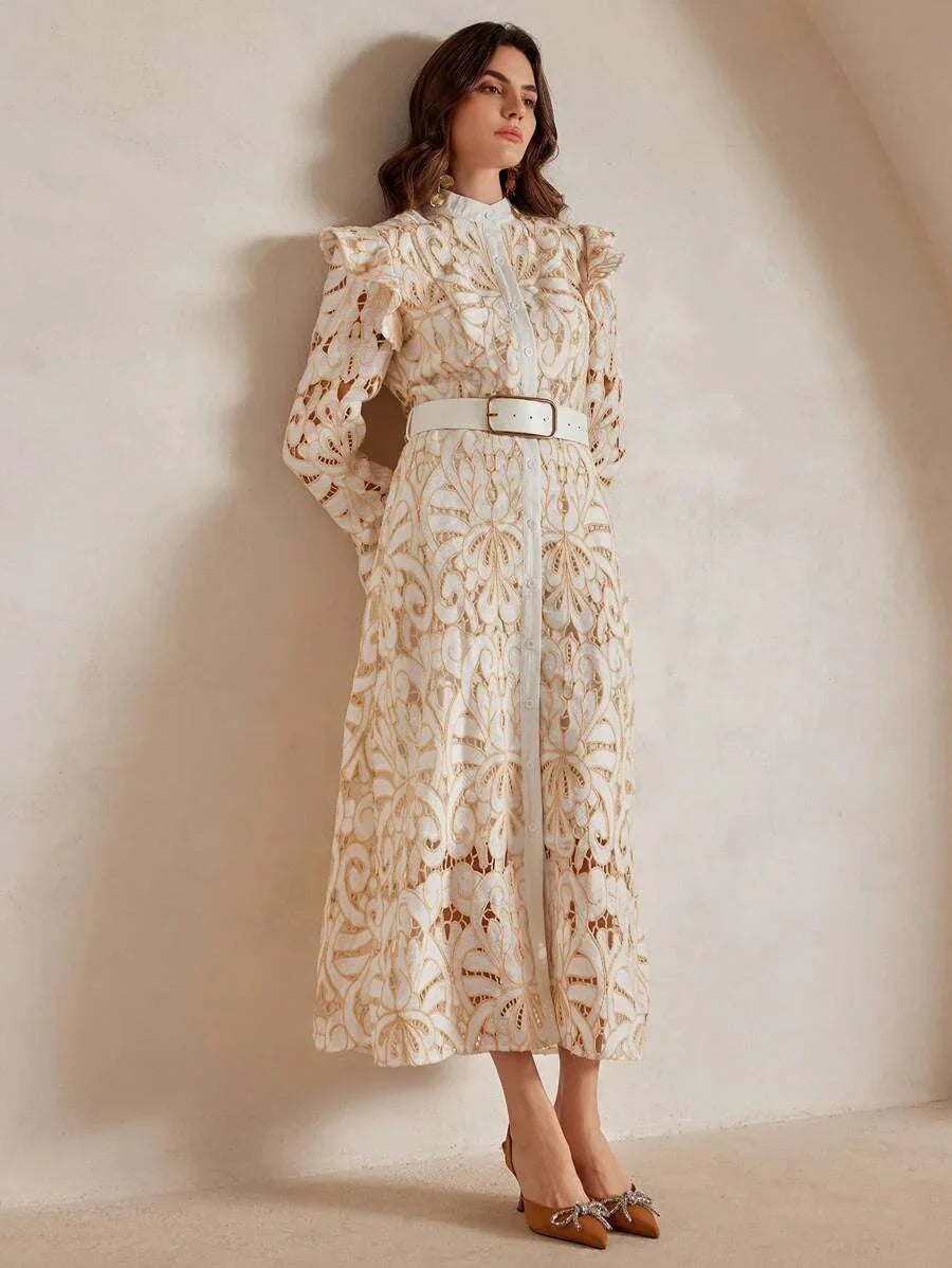 Womens Elegant Vintage Charm Long Sleeve VNeck Cinched Waist Lace Maxi Dress Random Floral
