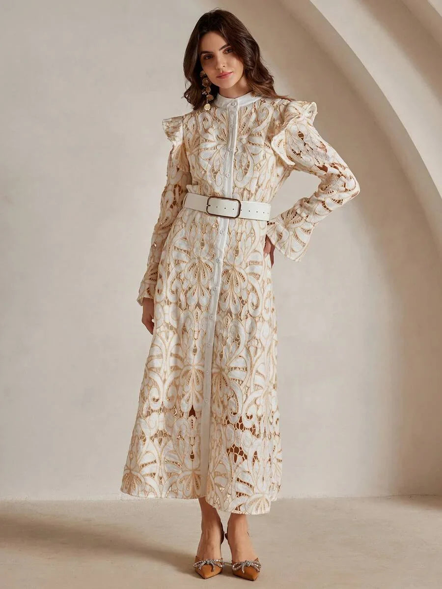 Womens Elegant Vintage Charm Long Sleeve VNeck Cinched Waist Lace Maxi Dress Random Floral