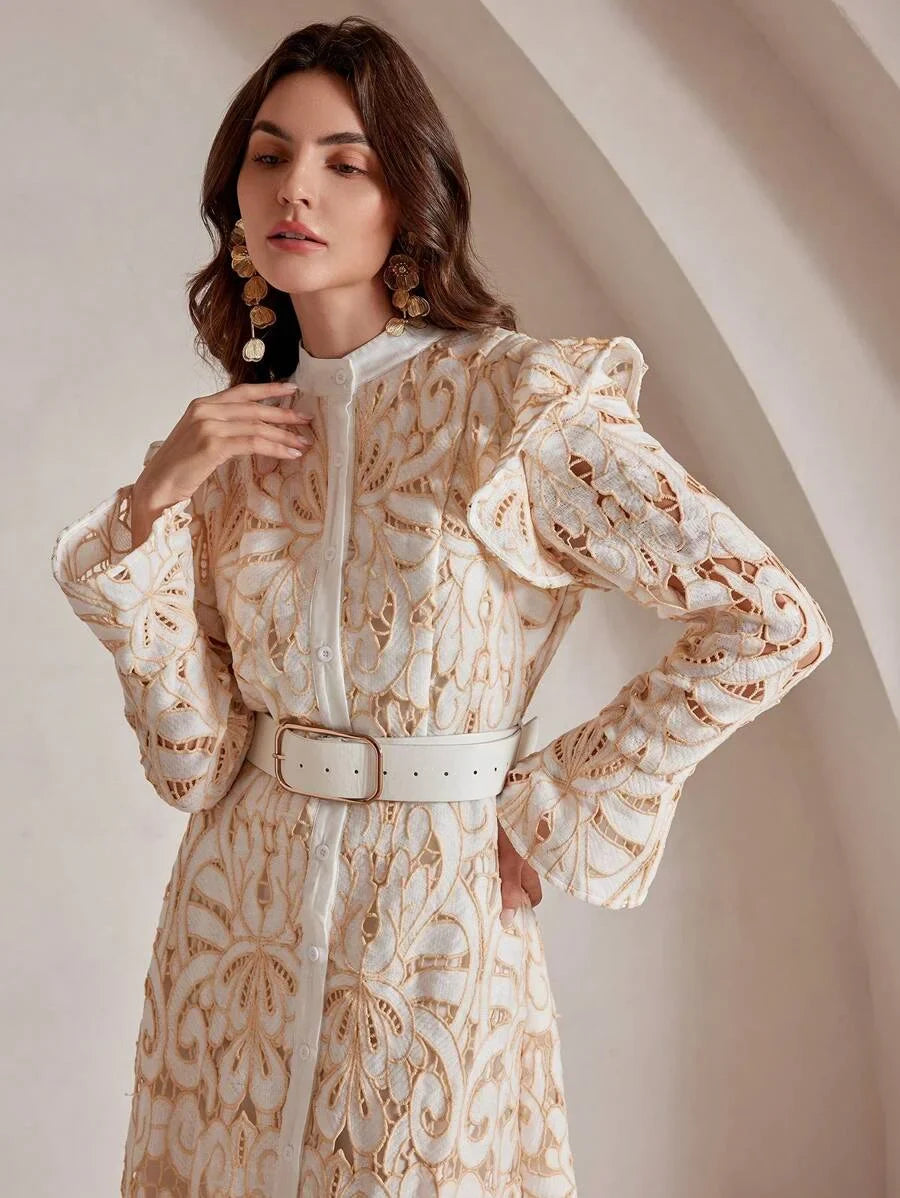 Womens Elegant Vintage Charm Long Sleeve VNeck Cinched Waist Lace Maxi Dress Random Floral
