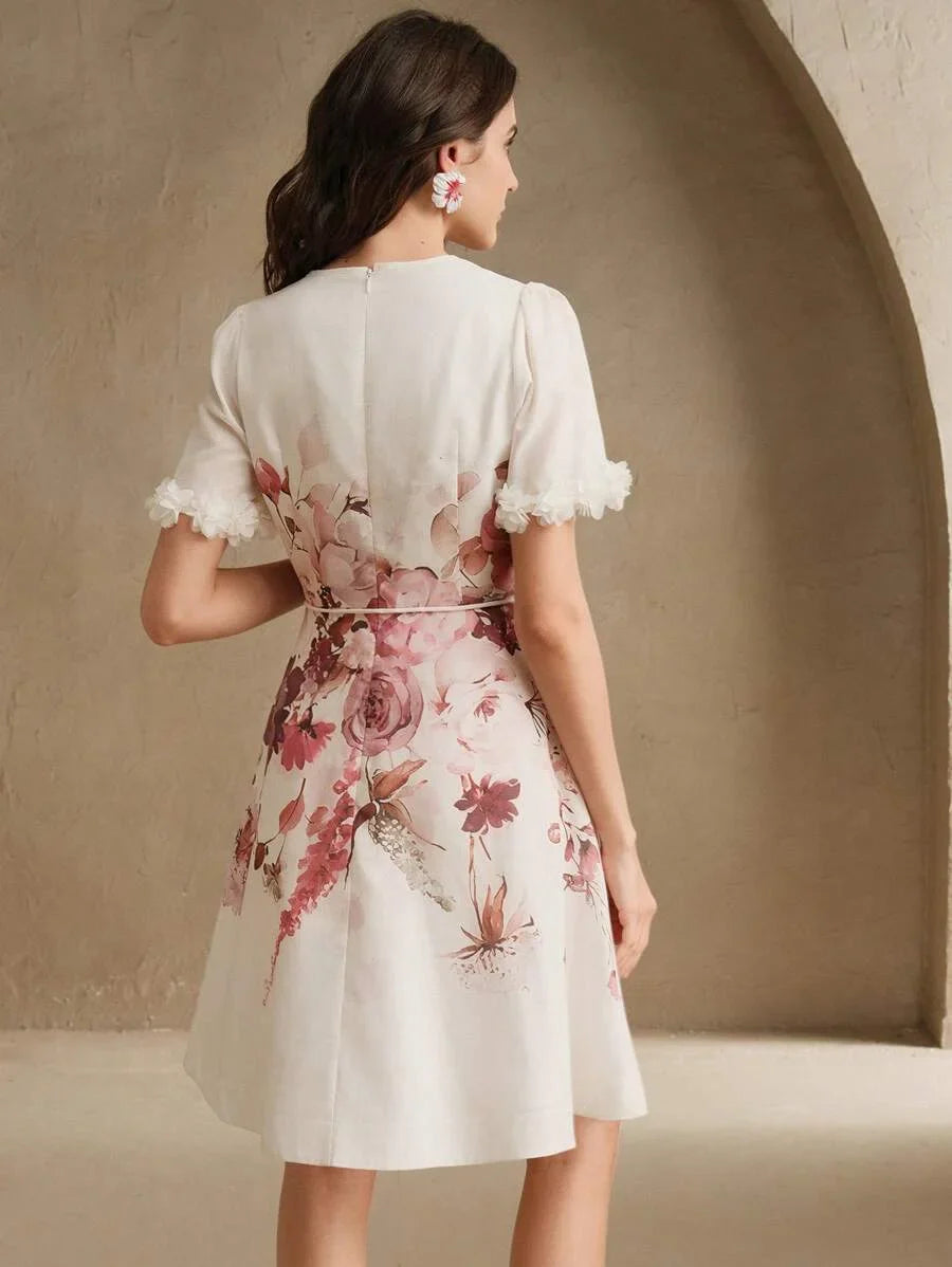 Womens Floral Placement Print amp Lace Patchwork Tie Waist Elegant Short Dress