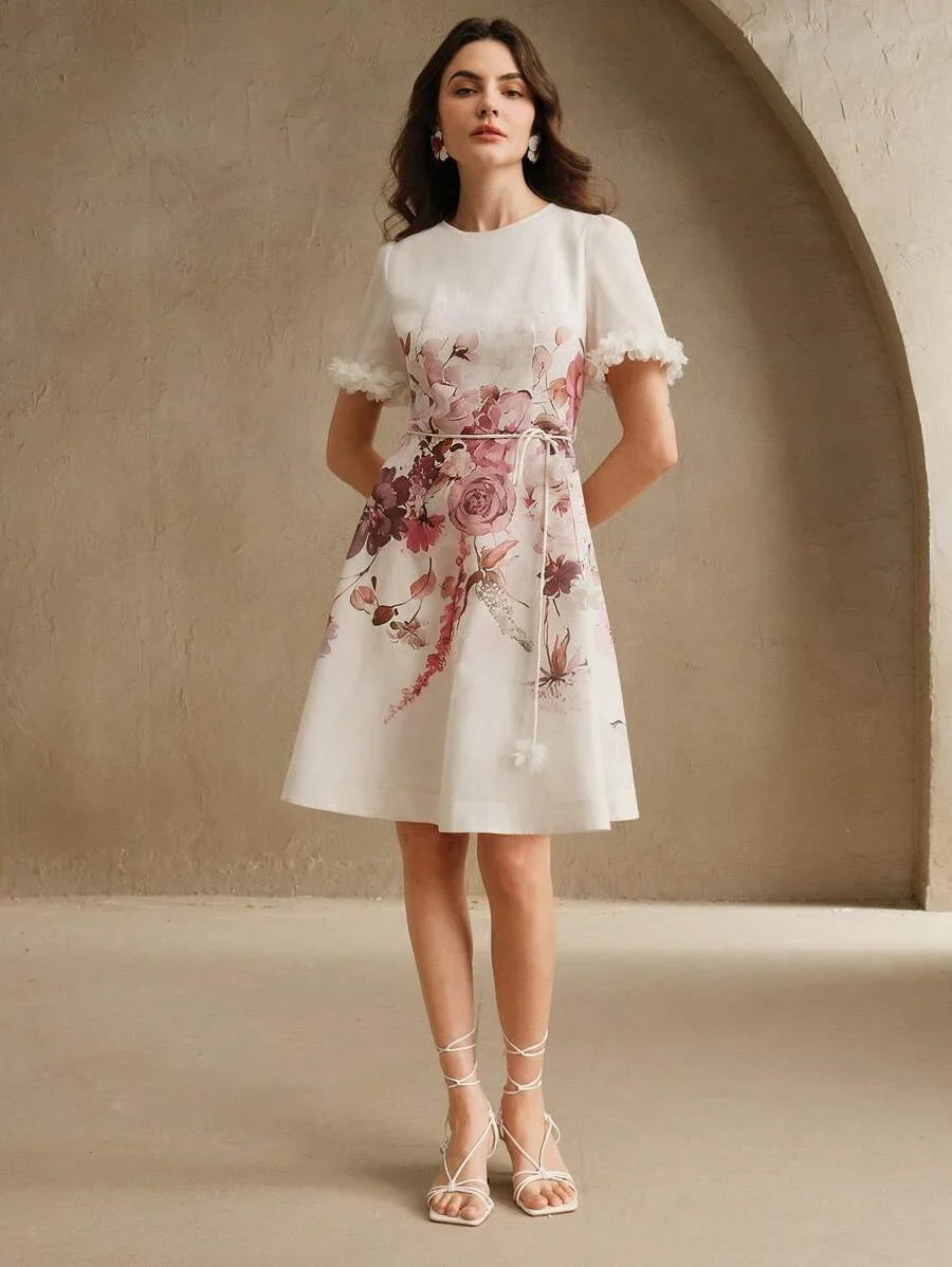 Womens Floral Placement Print amp Lace Patchwork Tie Waist Elegant Short Dress