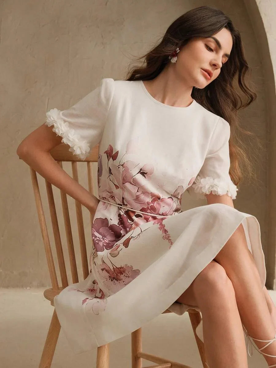 Womens Floral Placement Print amp Lace Patchwork Tie Waist Elegant Short Dress