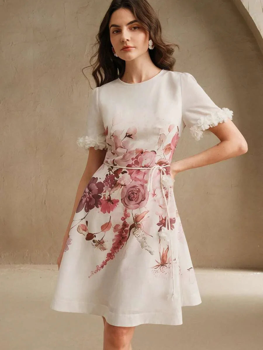 Womens Floral Placement Print amp Lace Patchwork Tie Waist Elegant Short Dress
