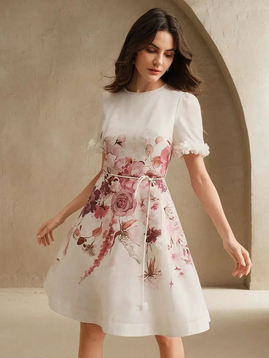 Womens Floral Placement Print amp Lace Patchwork Tie Waist Elegant Short Dress