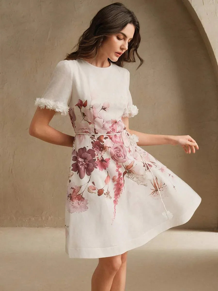 Womens Floral Placement Print amp Lace Patchwork Tie Waist Elegant Short Dress