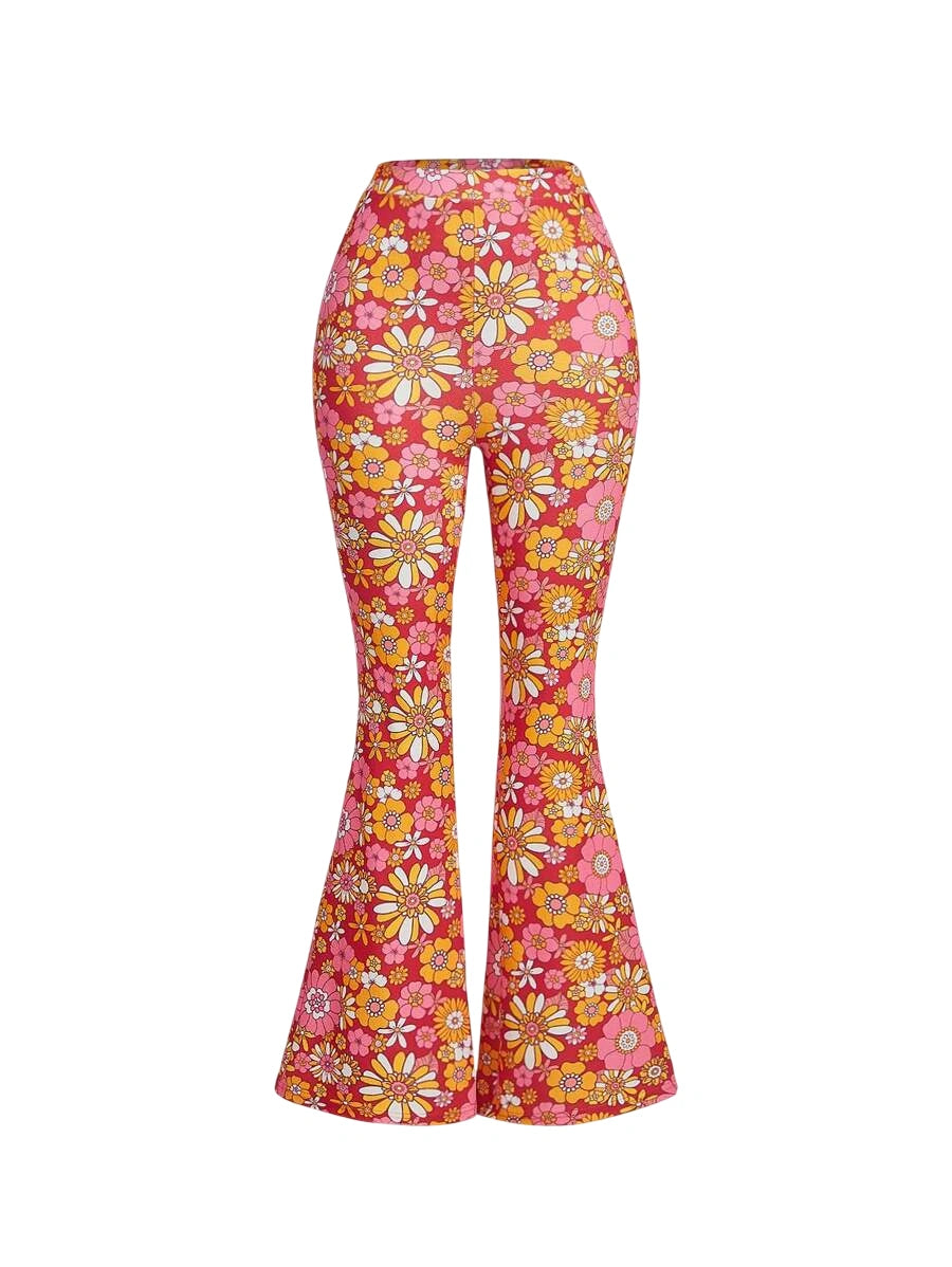 Womens Floral Print Flare Leg Casual Pants For Holiday
