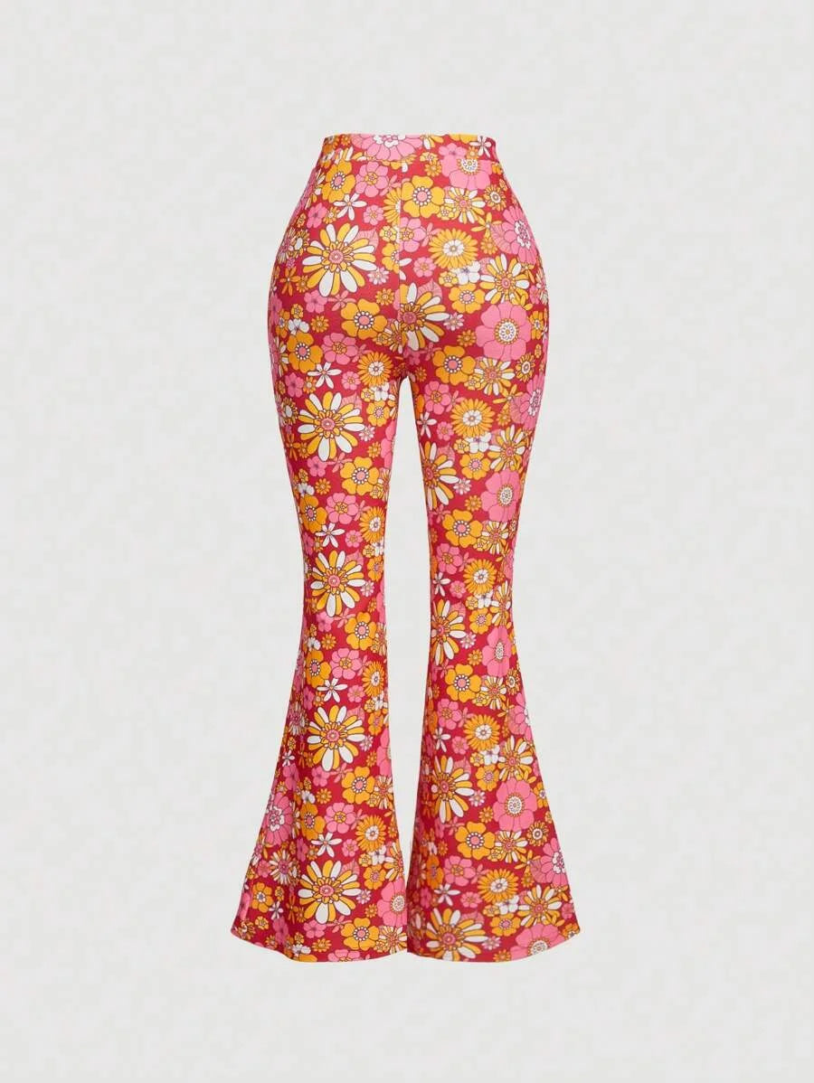 Womens Floral Print Flare Leg Casual Pants For Holiday