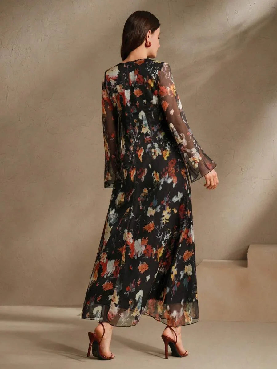 Womens Floral Print Long Sleeve Dress Elegant amp Fashionable Country Style Resort Dress
