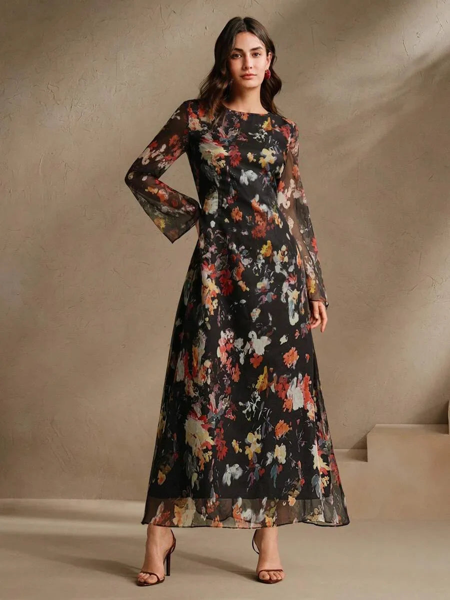 Womens Floral Print Long Sleeve Dress Elegant amp Fashionable Country Style Resort Dress