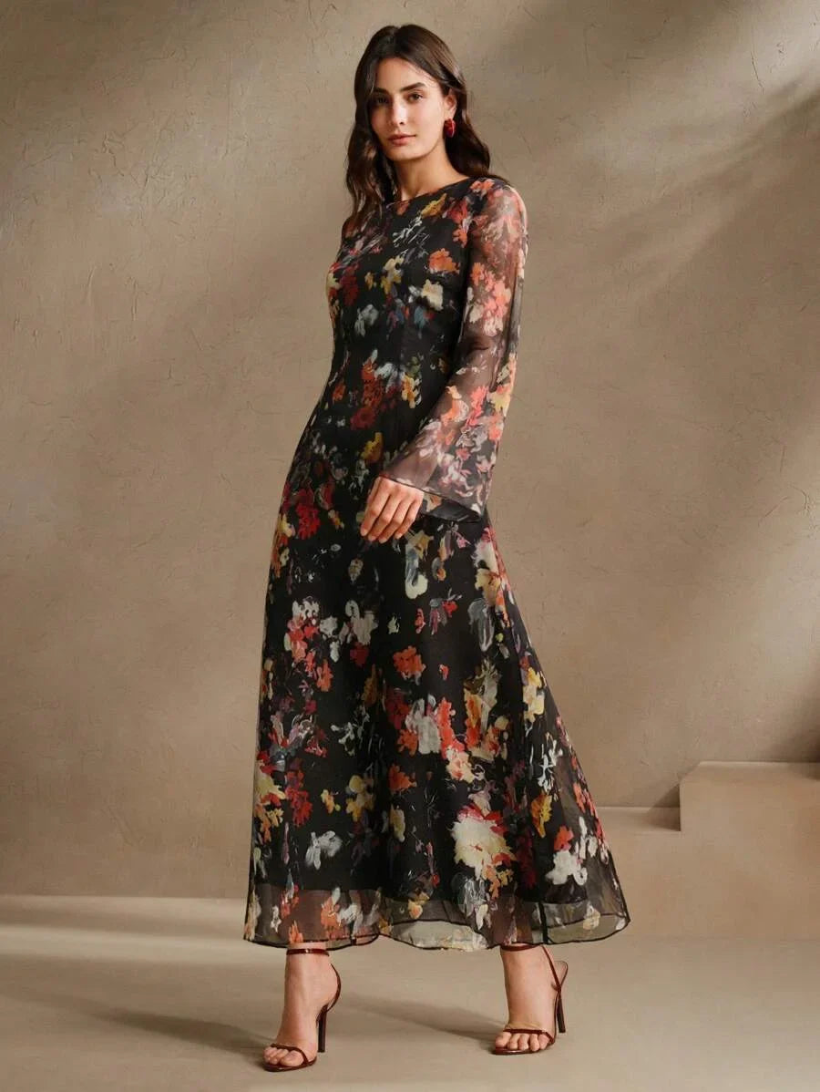 Womens Floral Print Long Sleeve Dress Elegant amp Fashionable Country Style Resort Dress