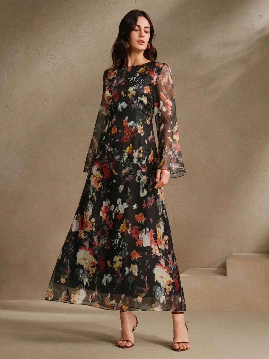 Womens Floral Print Long Sleeve Dress Elegant amp Fashionable Country Style Resort Dress