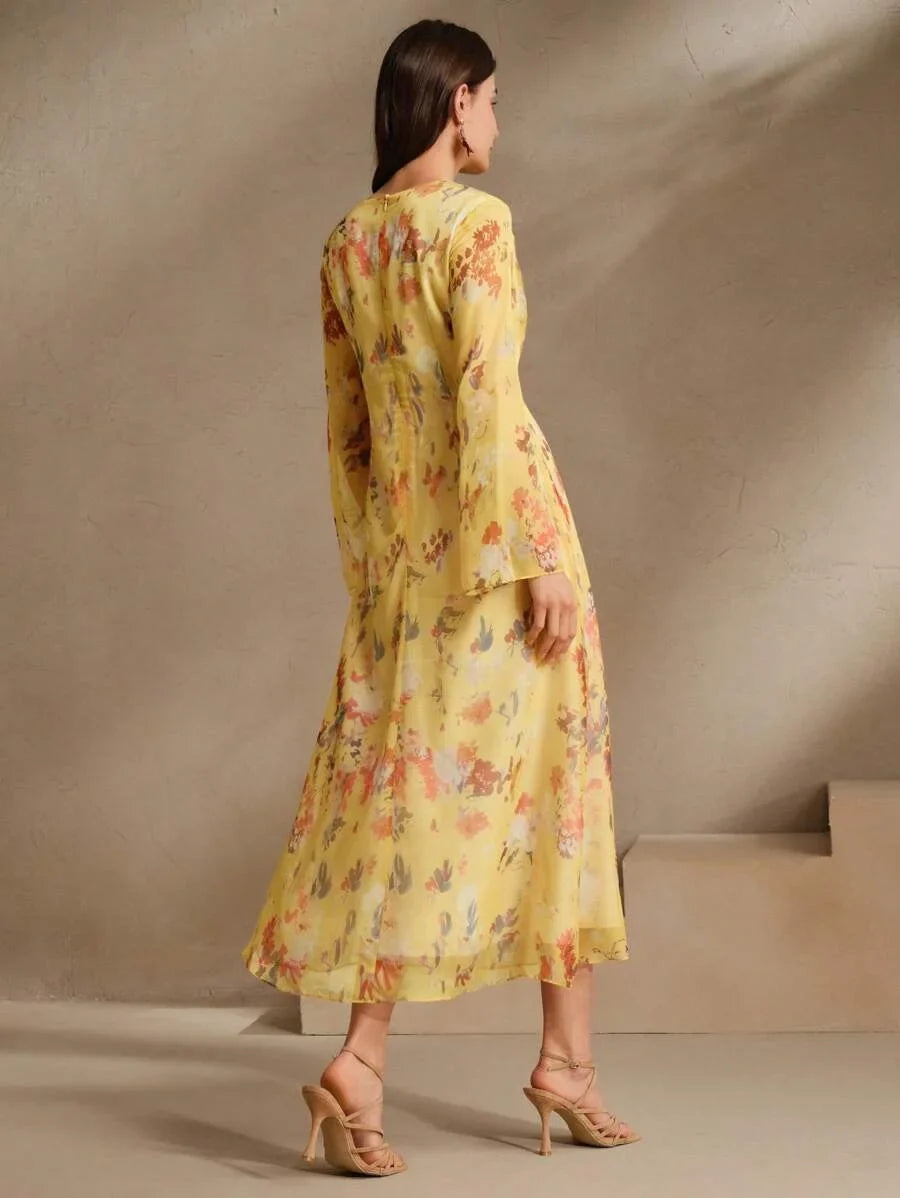 Womens Floral Print Vacation Style Long Sleeve Dress Elegant And Fashionable