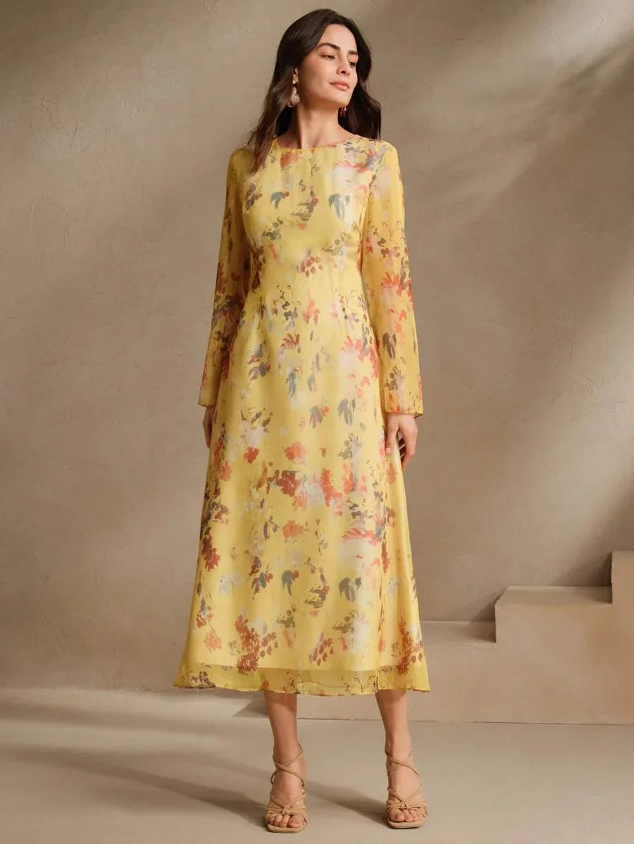 Womens Floral Print Vacation Style Long Sleeve Dress Elegant And Fashionable