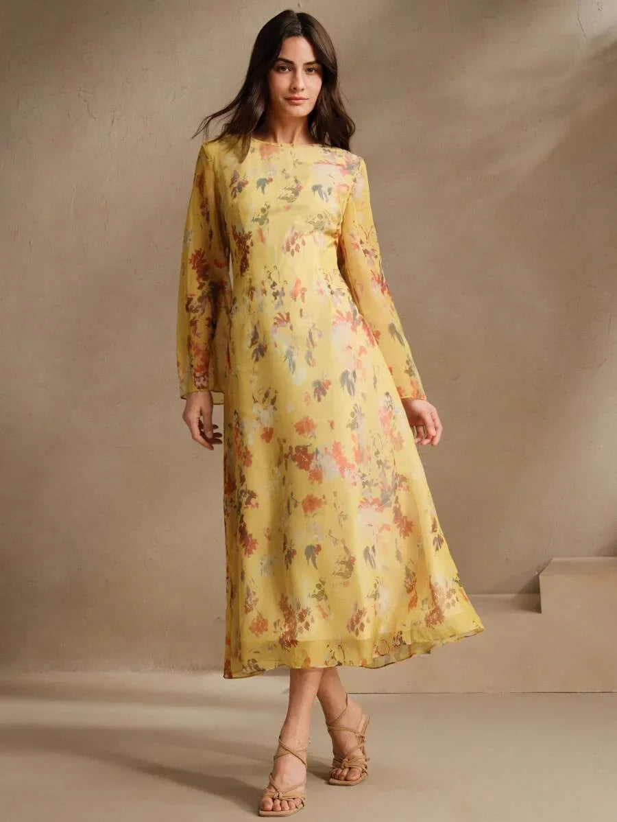 Womens Floral Print Vacation Style Long Sleeve Dress Elegant And Fashionable