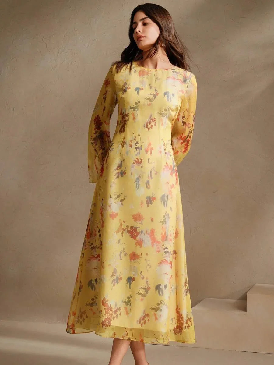 Womens Floral Print Vacation Style Long Sleeve Dress Elegant And Fashionable