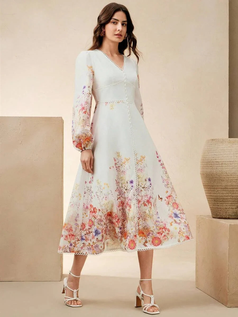 Womens Floral Print VNeck Cinched Waist Lantern Sleeve Long Dress Elegant Holiday Wedding Guest
