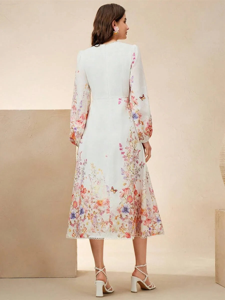 Womens Floral Print VNeck Cinched Waist Lantern Sleeve Long Dress Elegant Holiday Wedding Guest