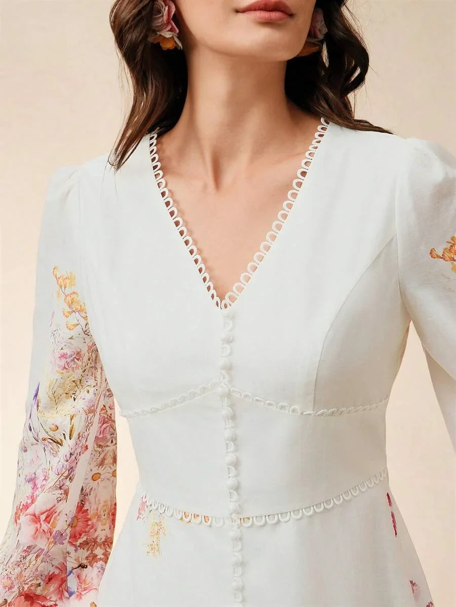 Womens Floral Print VNeck Cinched Waist Lantern Sleeve Long Dress Elegant Holiday Wedding Guest