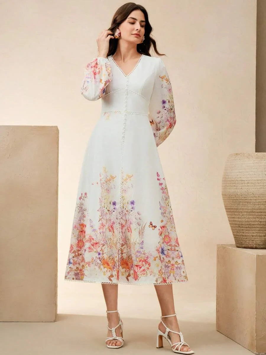 Womens Floral Print VNeck Cinched Waist Lantern Sleeve Long Dress Elegant Holiday Wedding Guest