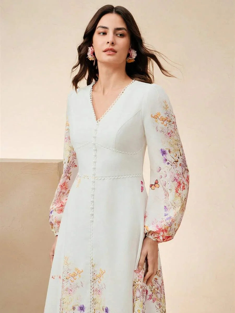 Womens Floral Print VNeck Cinched Waist Lantern Sleeve Long Dress Elegant Holiday Wedding Guest