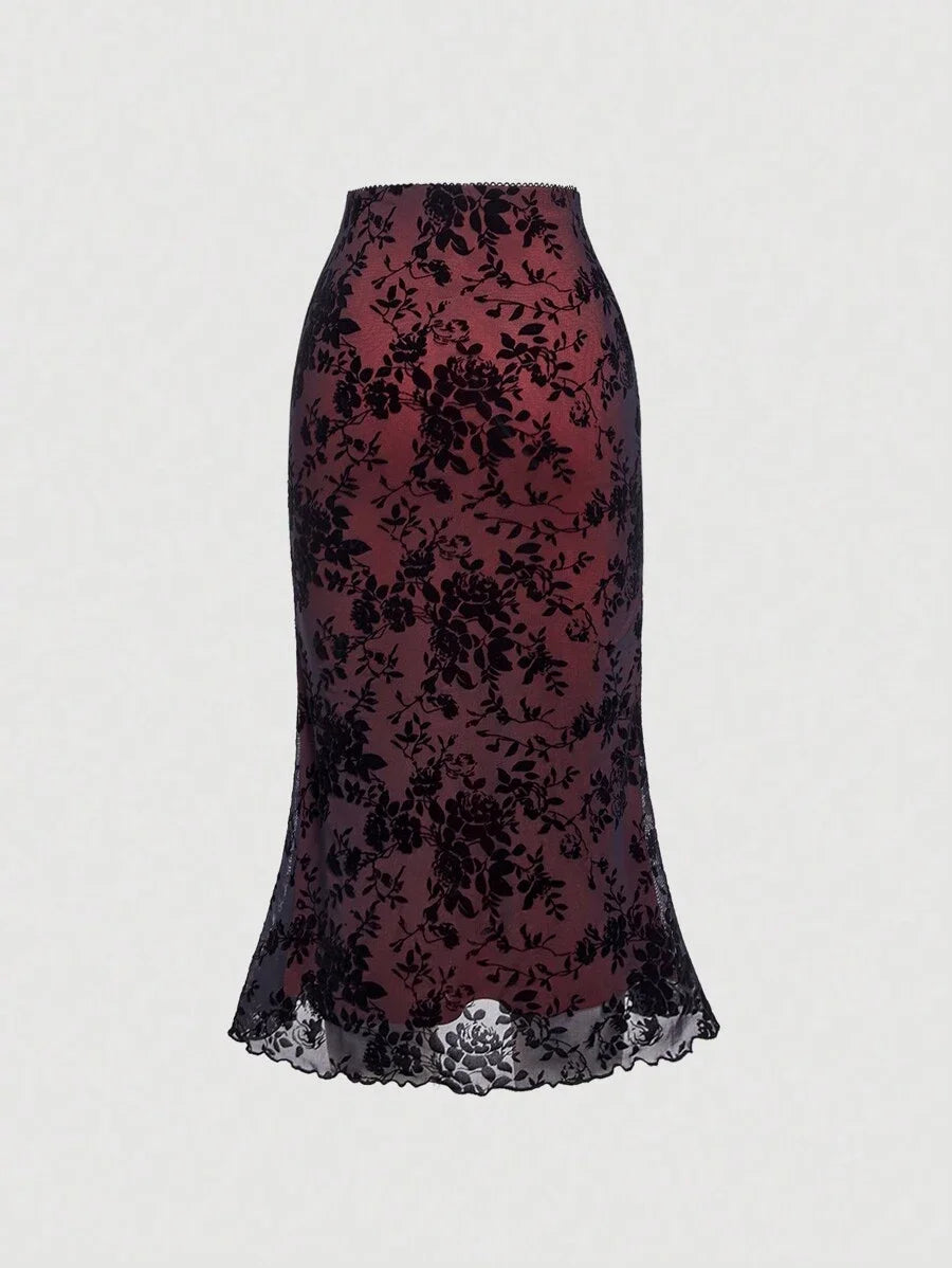 Womens Floral Printed Lace Patchwork Skirt
