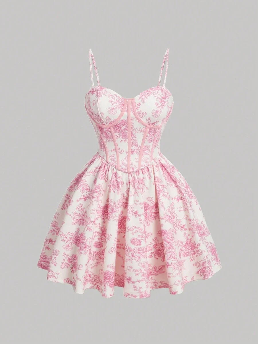 Womens Floral Printed Spaghetti Strap Dress in pink